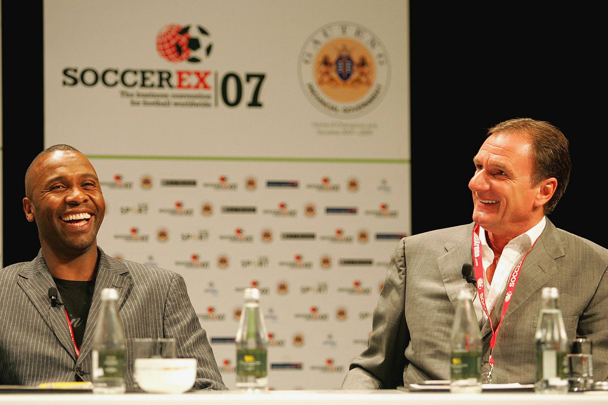 SANDTON, SOUTH AFRICA - NOVEMBER 28:  Former Leeds United captain Lucas Radebe and Phill Thompson, formerly of Liverpool during day 4 of the SoccerEx at Sandton Convention Centre on November 27, 2007 in Sandton, South Africa. (Photo by Lefty Shivambu/Gallo Images/Getty Images)